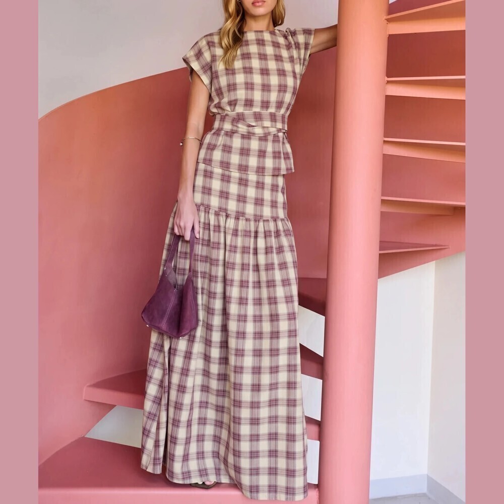 Cream Plaid Round Neck Cap Sleeve Top and Tiered Maxi Skirt Set